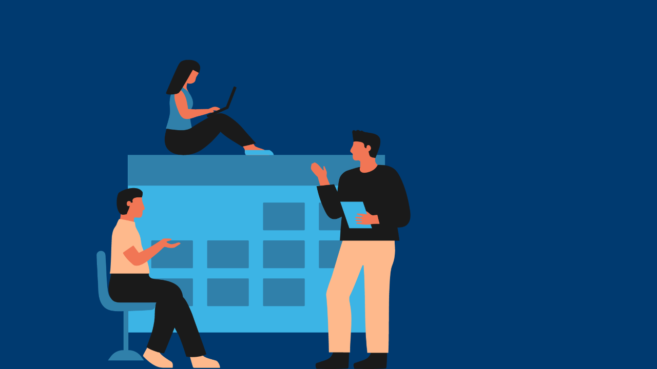 An illustration of three employees working in front of a blue calendar on a navy blue background