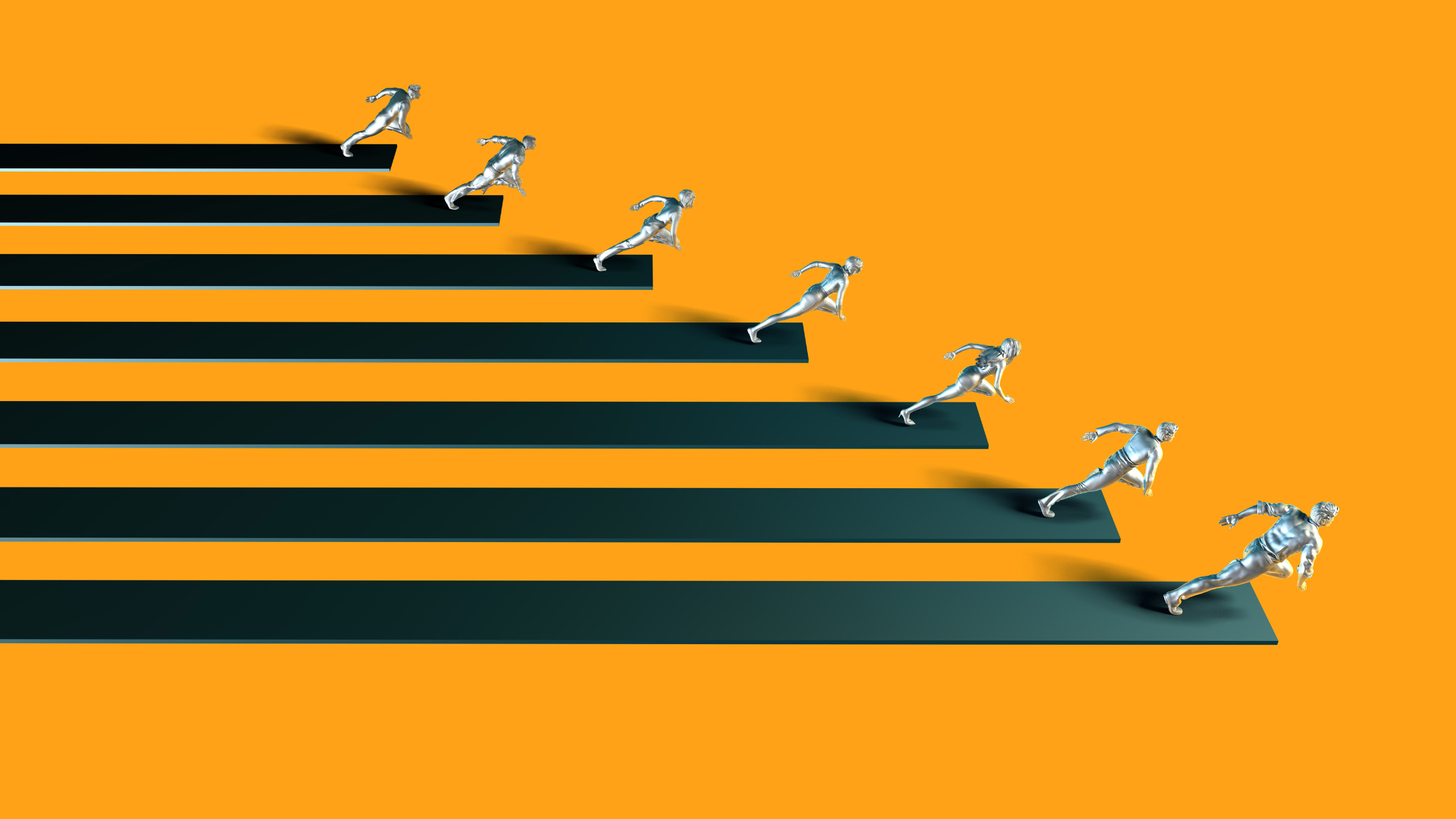An illustration of silver figures running with black lines behind them on a yellow background