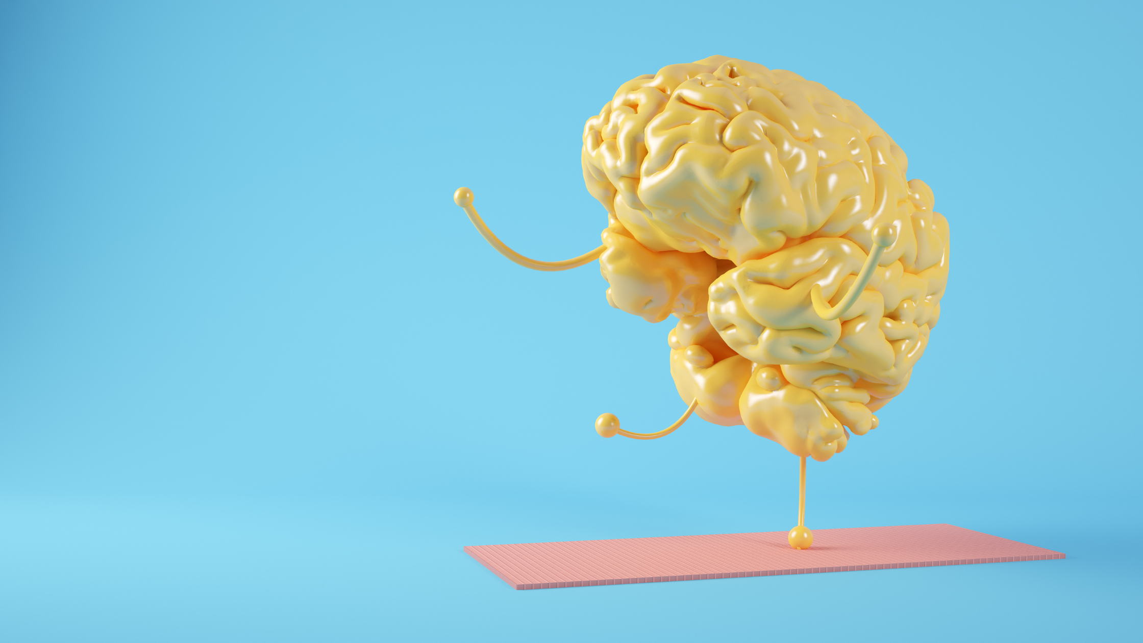 A blue background with an animated yellow brain standing on a pink yoga mat