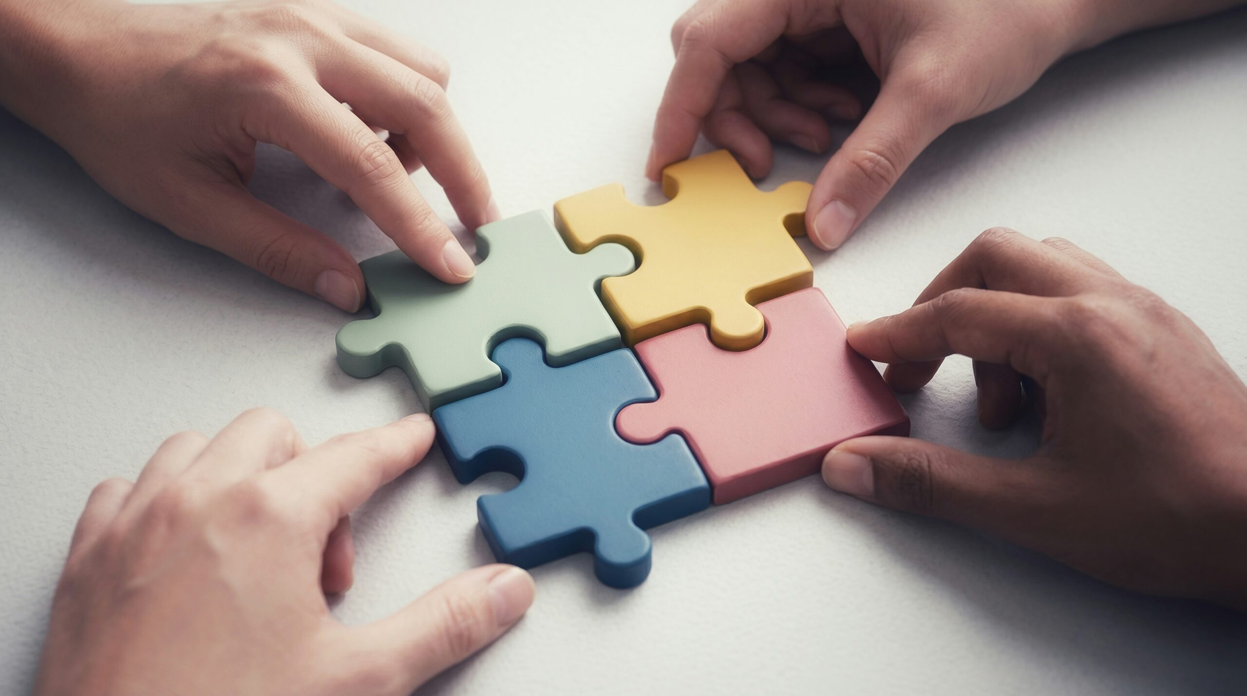 Four people connecting colourful puzzle pieces to represent teamwork and collaboration
